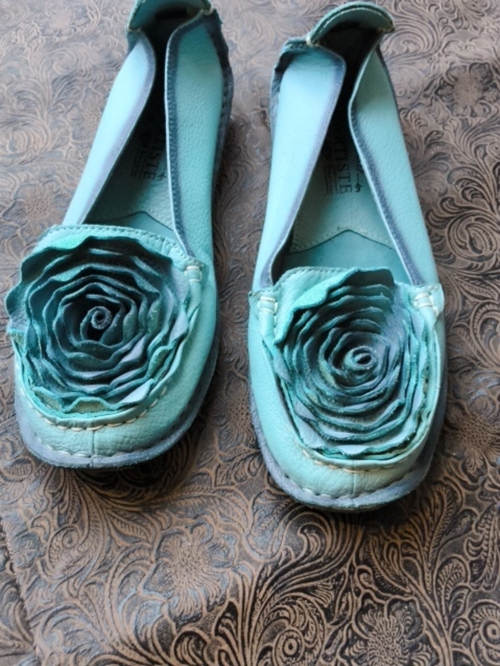 Women's Turquoise Floral Leather Loafers